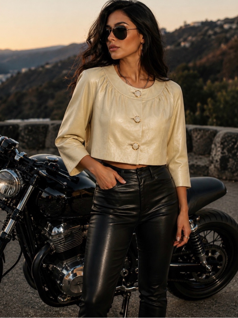 NWT KENZIE Metallic Yellow Gold Lambskin Leather Crop Moto Jacket Size 8 $1290